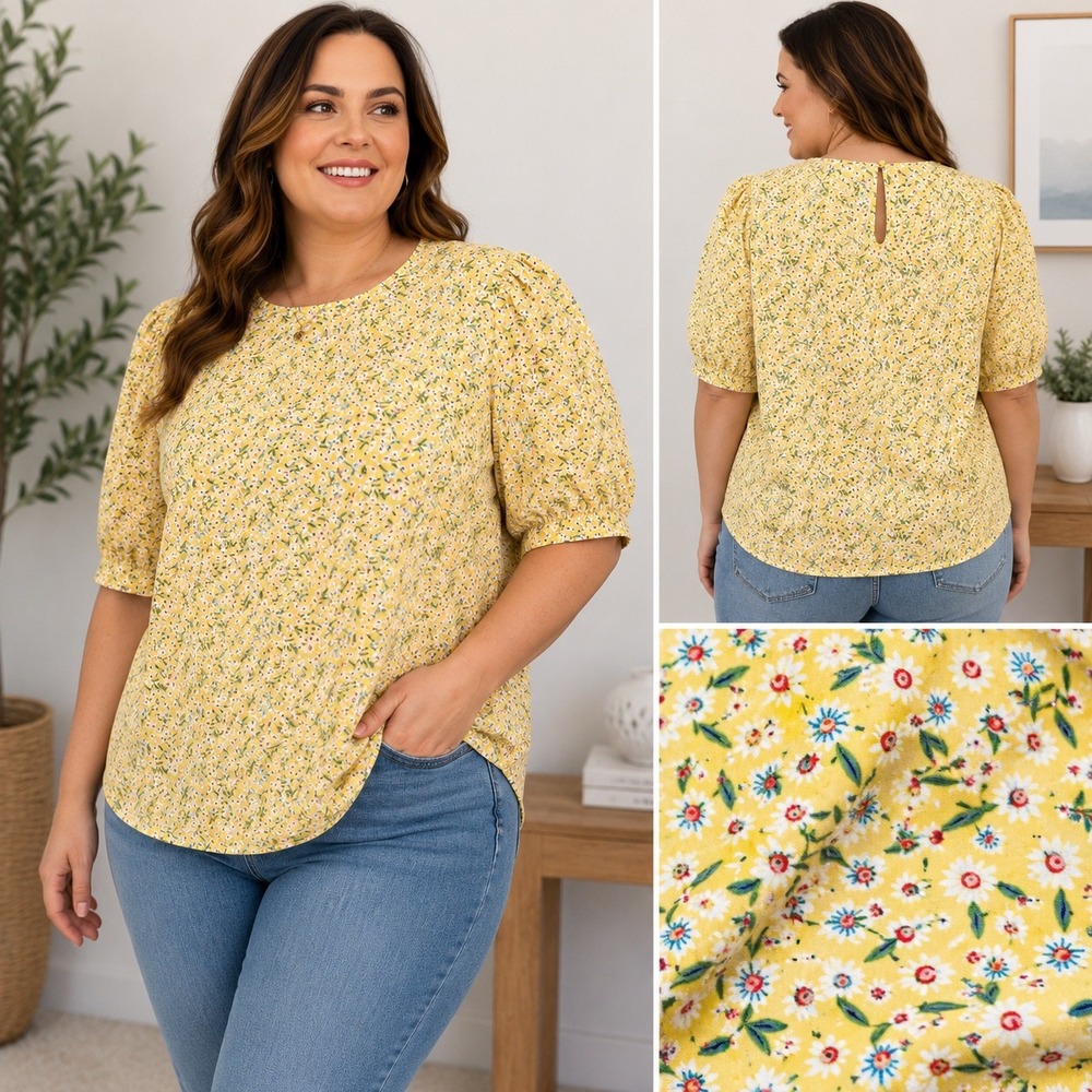 Emery Rose Yellow Ditsy Floral Puff Sleeve Blouse 4X Boho Cottagecore Daisy Top